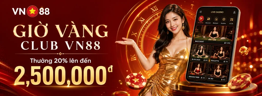 Giờ Vàng Club VN88 thưởng 20% lên đến 2.500.000đ tại sảnh live casino